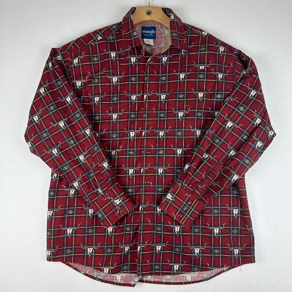 Wrangler Western Red Blue Plaid Bull Skull Red Pearl Snap‎ Long Sleeve Shirt XL
